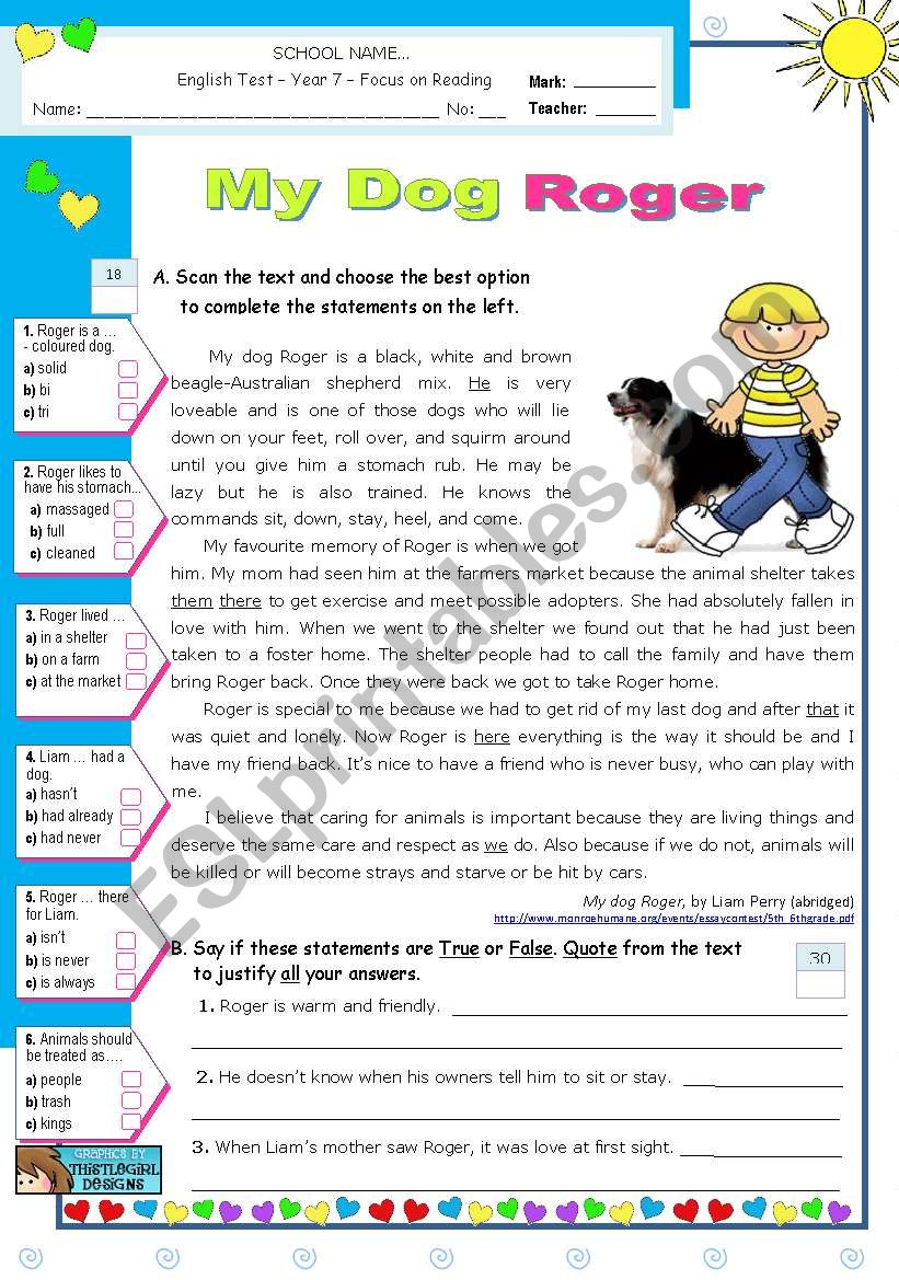 "My Dog Roger" Reading Comprehension ESL worksheet by