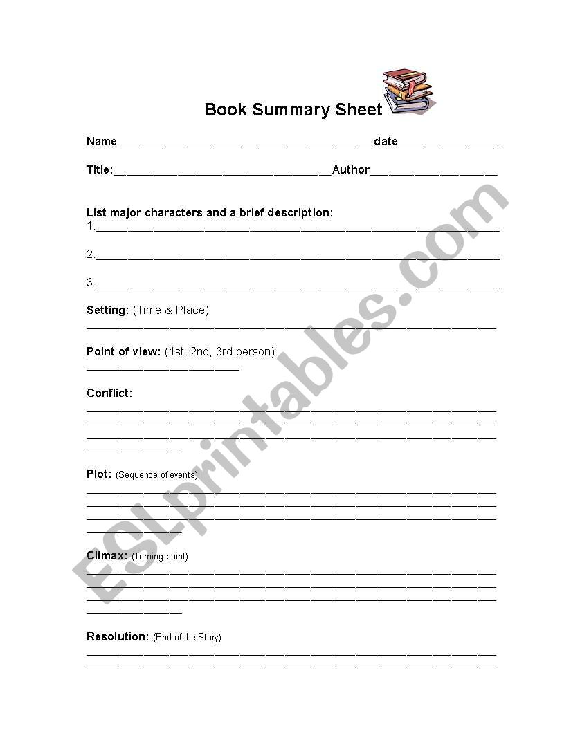 Book Report Summary Sheet worksheet
