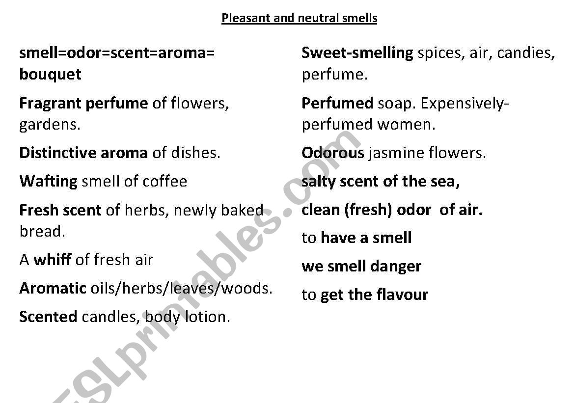 Pleasant and neutral smells vocabulary