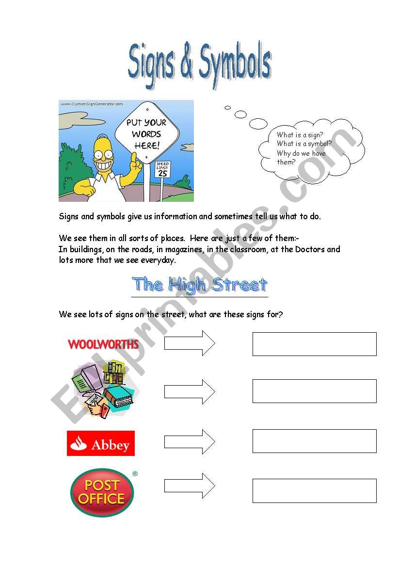 Signs and symbols 1 worksheet
