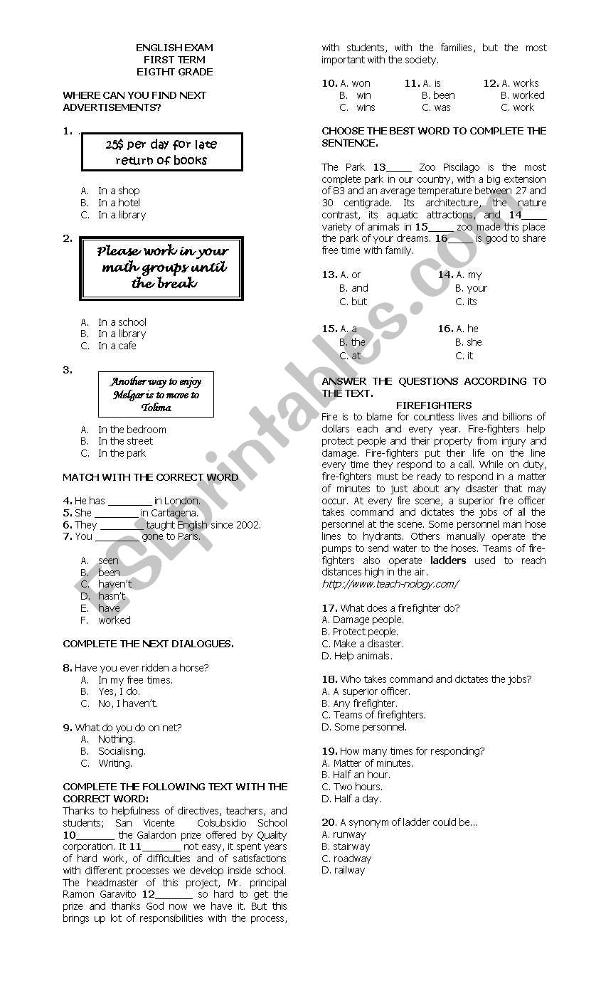 Test Elementary 8th grade worksheet