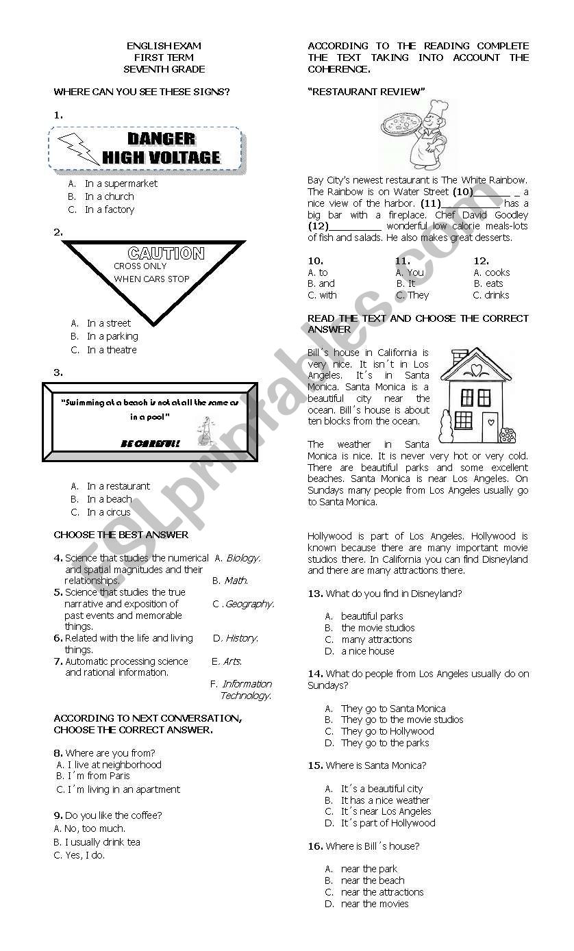 Test Seventh grade worksheet