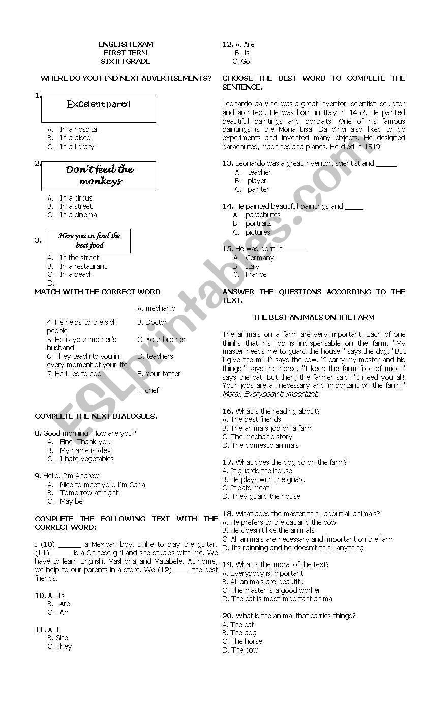 Test sixth grade worksheet