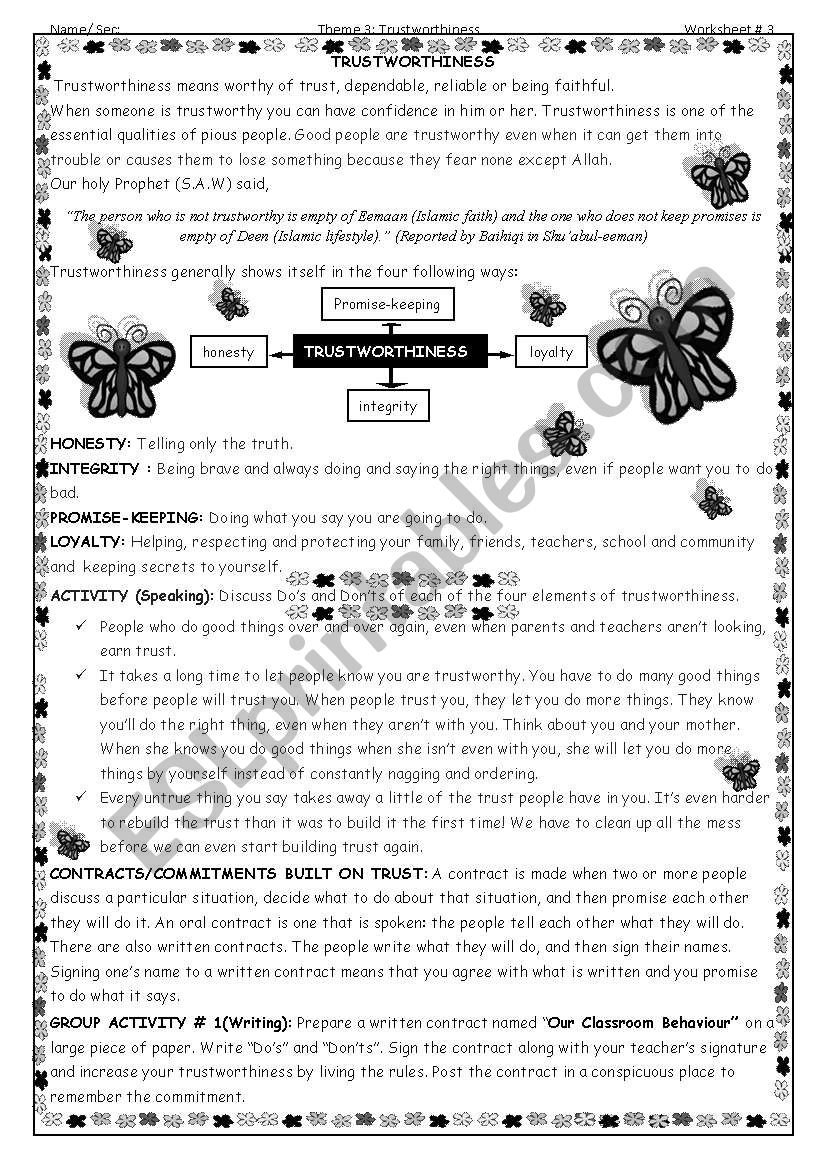 Moral Education: trust worthiness