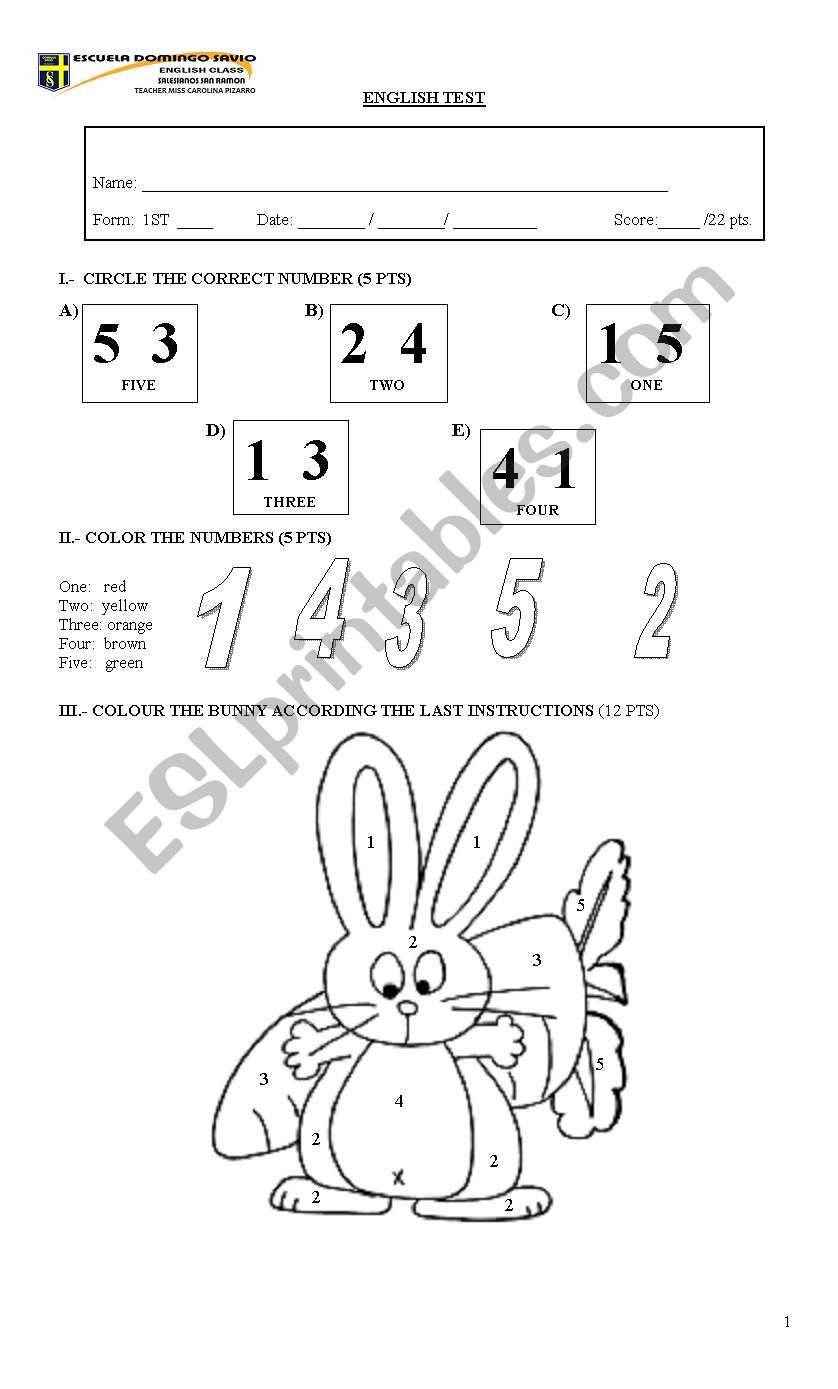 NUMBERS, COLORS TEST worksheet