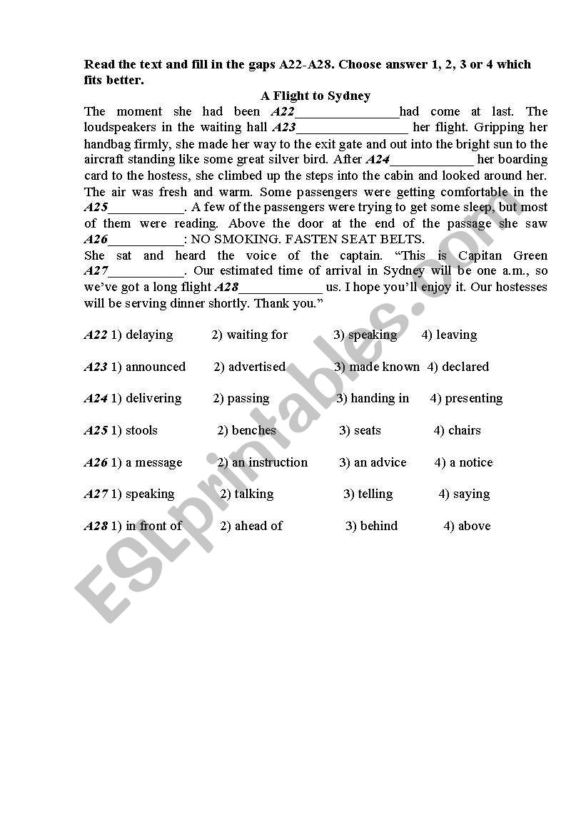 A Flight to Sydney worksheet