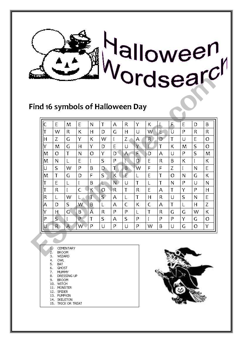 FIND 16 SYMBOLS OF HALLOWEEN DAY  WORDSEARCH 