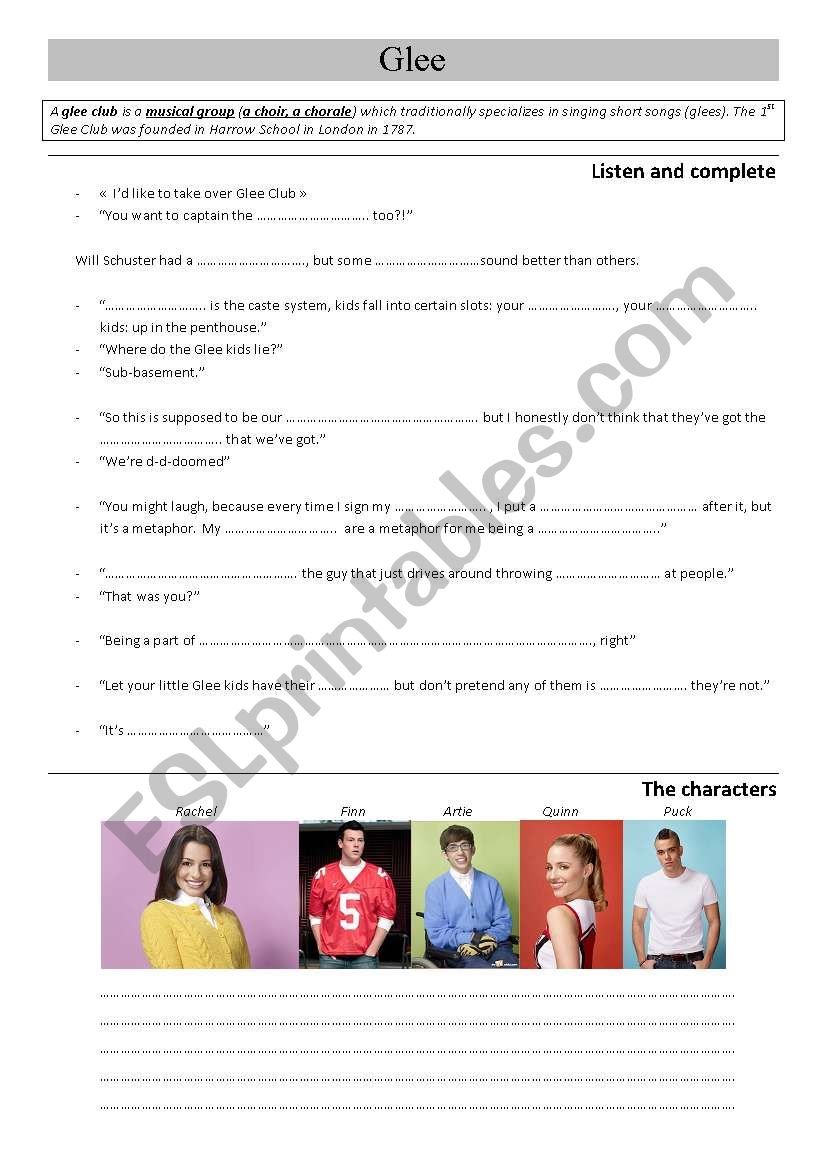 Glee Trailer worksheet