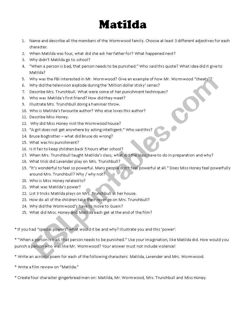 Matilda - Roald Dahl film comprehension questions
