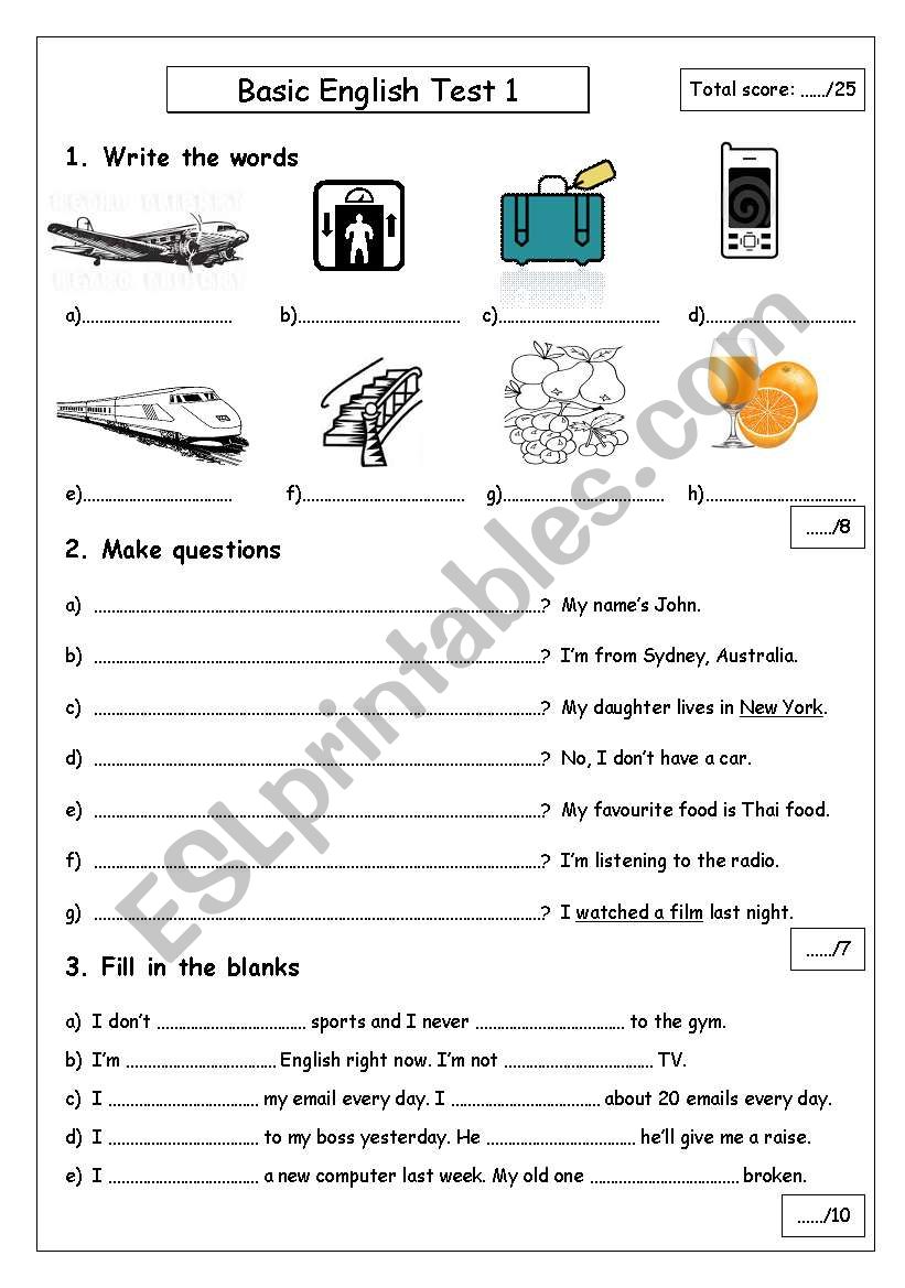 Basic English Test 1 worksheet