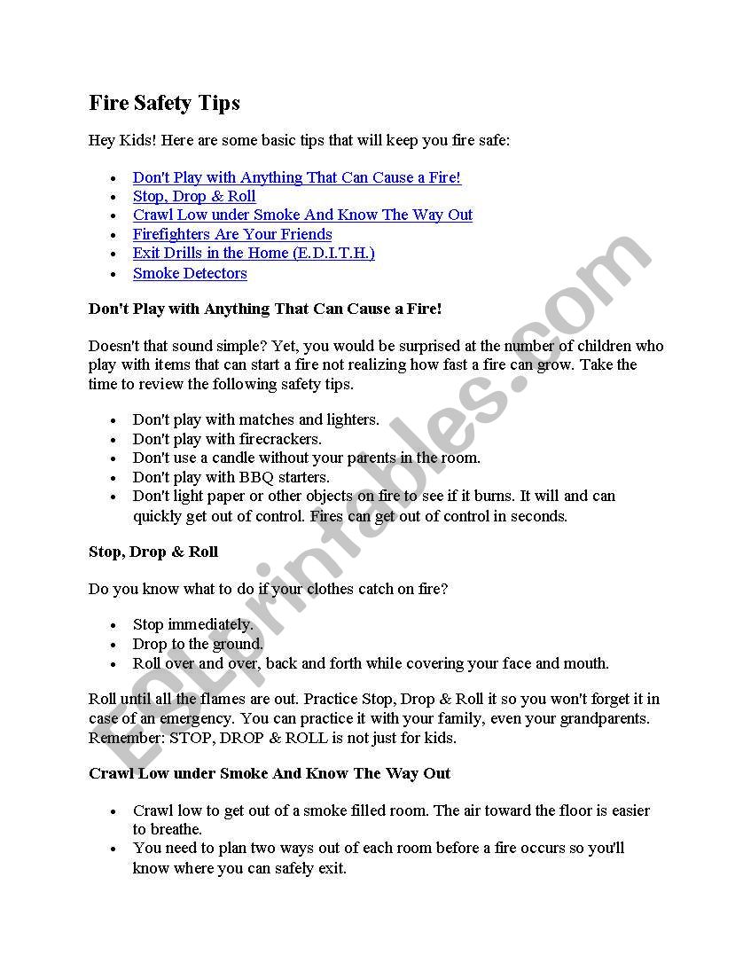 fire safety tips worksheet