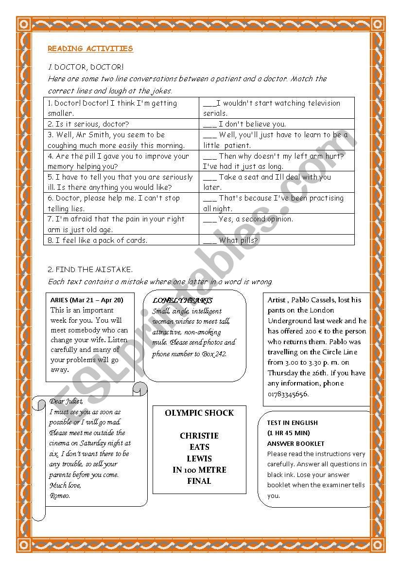 Jokes - reading activity worksheet