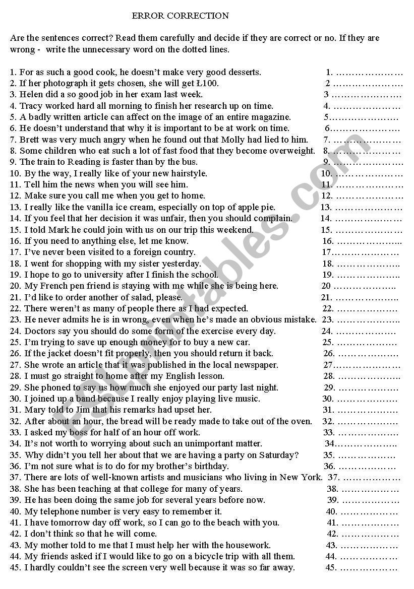 Error correction worksheet