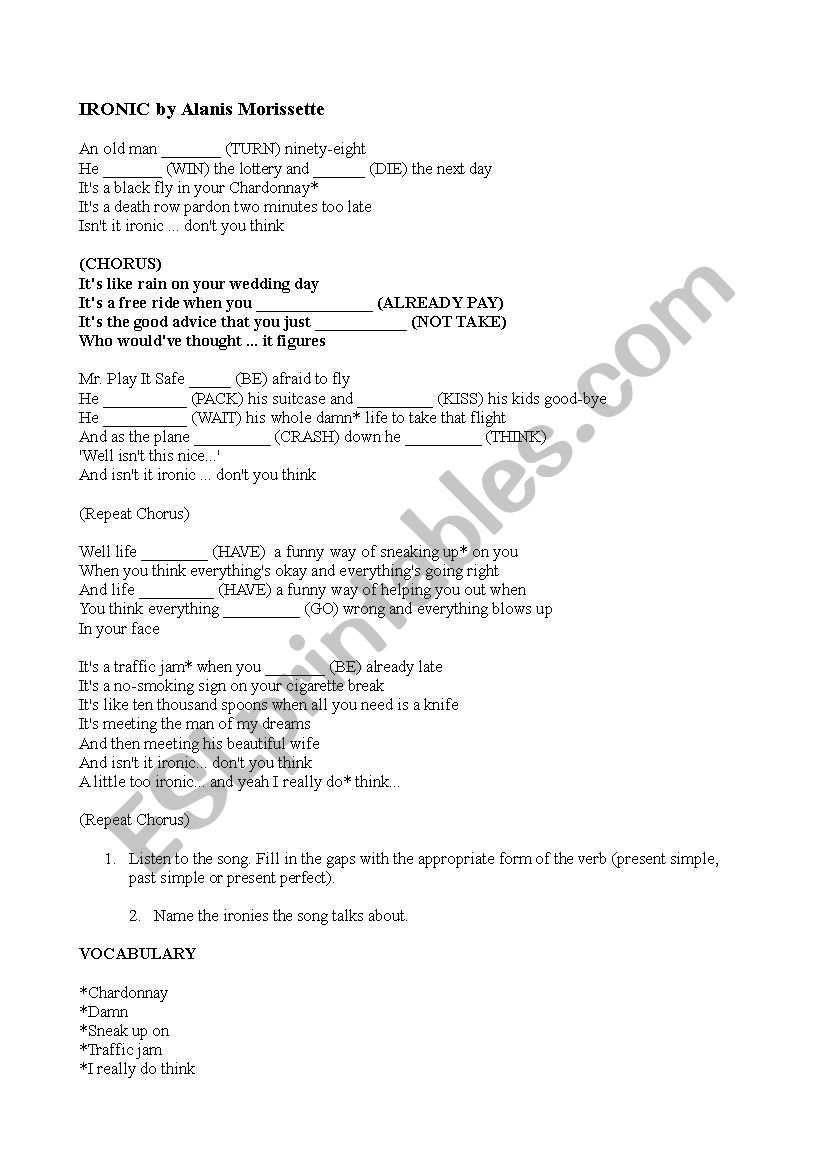 SONG IRONIC (VERBAL TENSES) worksheet