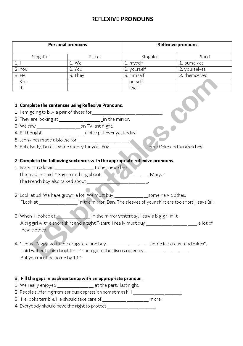 reflexive pronouns worksheet