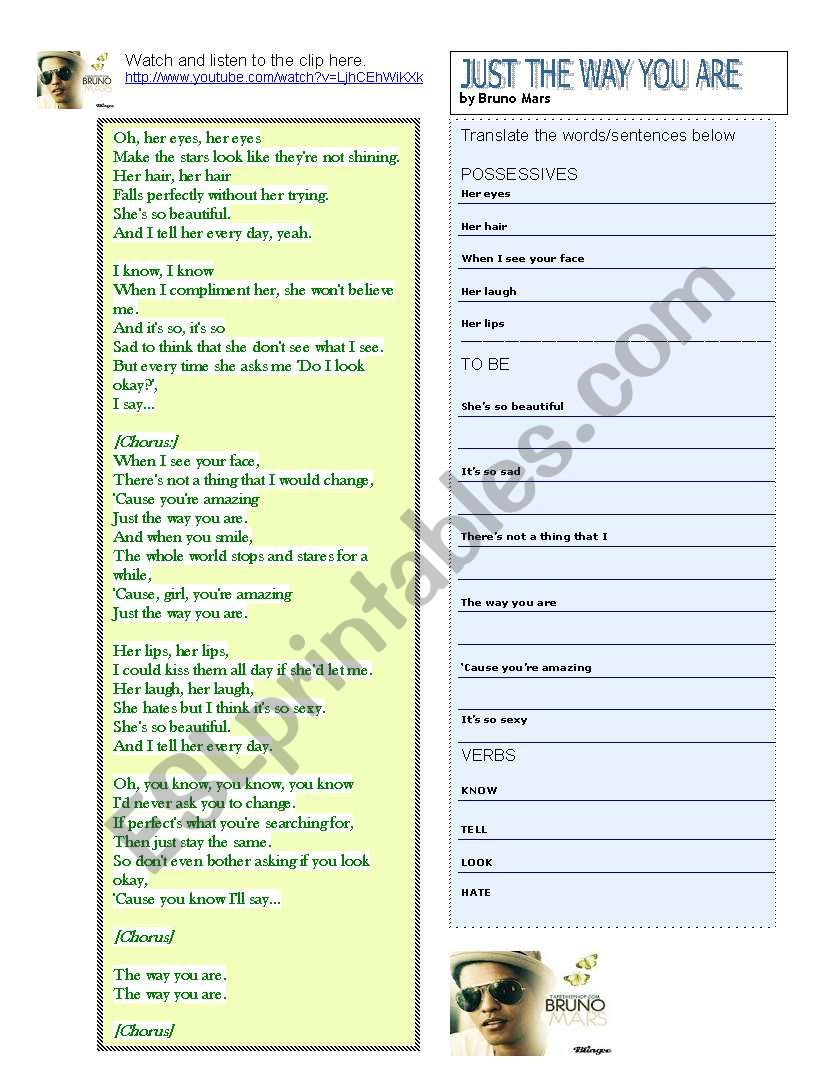 Just the way you are worksheet