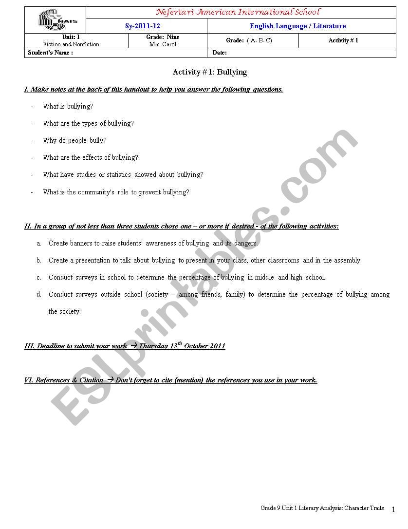 Bullying Activity  worksheet