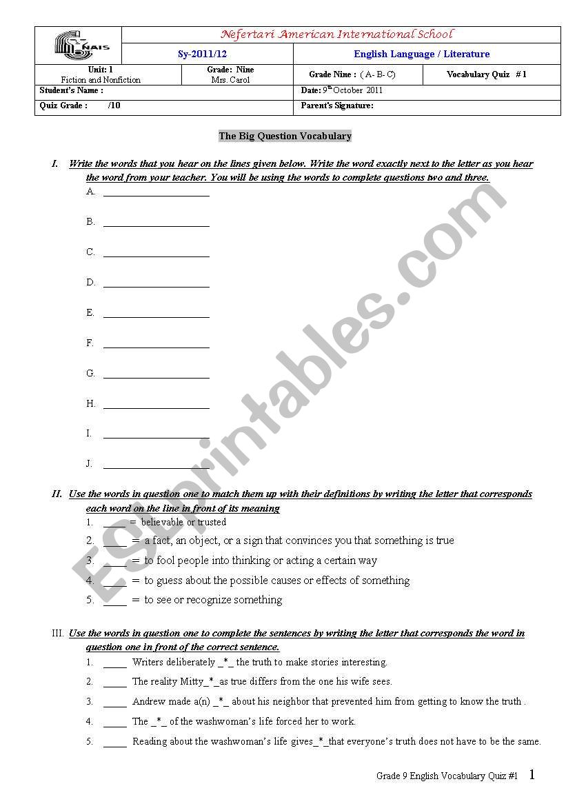 grade nine , unit 1 vocab quiz