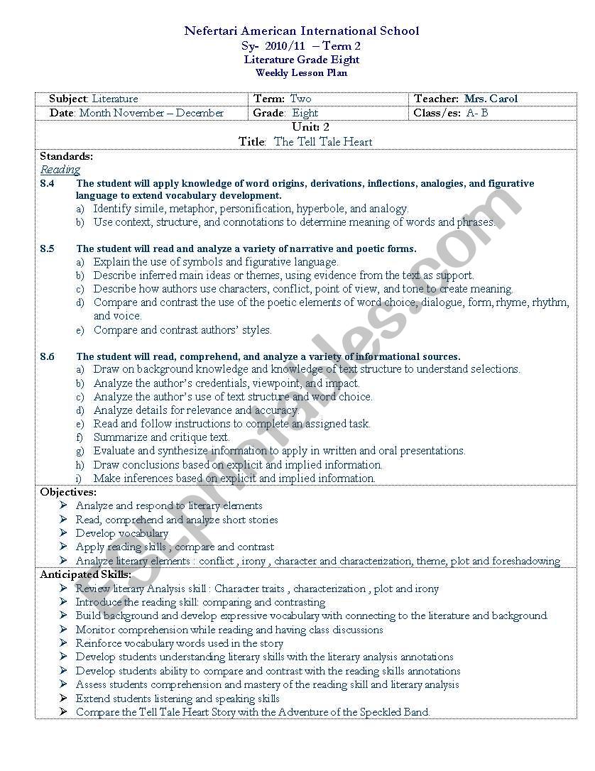 the tell tale heart  grade eight lesson plan