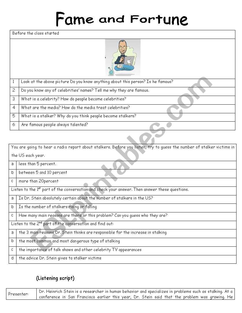 fame and fortune worksheet