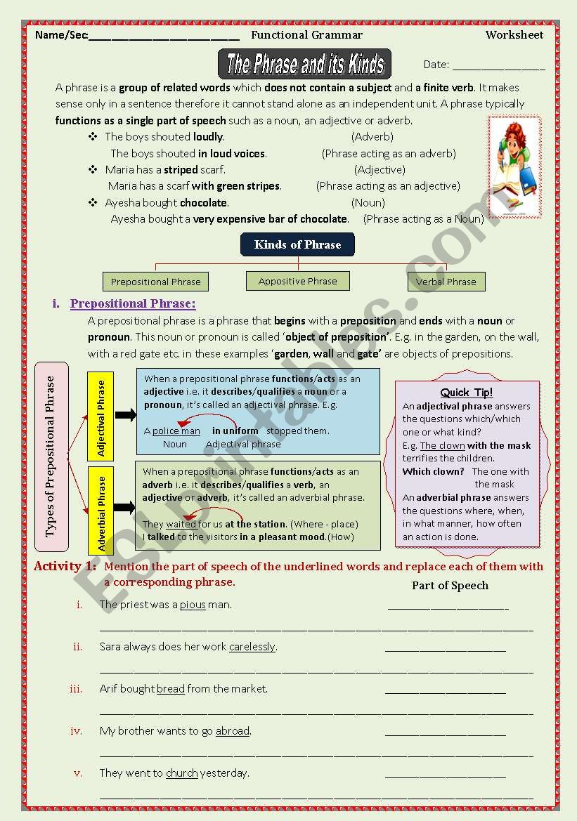 The Phrase and its Kinds 1/2 worksheet