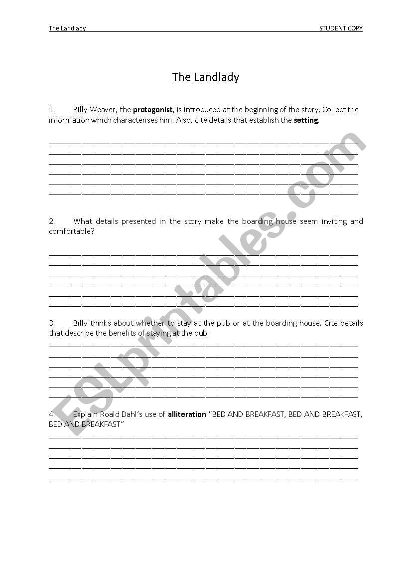 The Landlady by Roald Dahl  worksheet