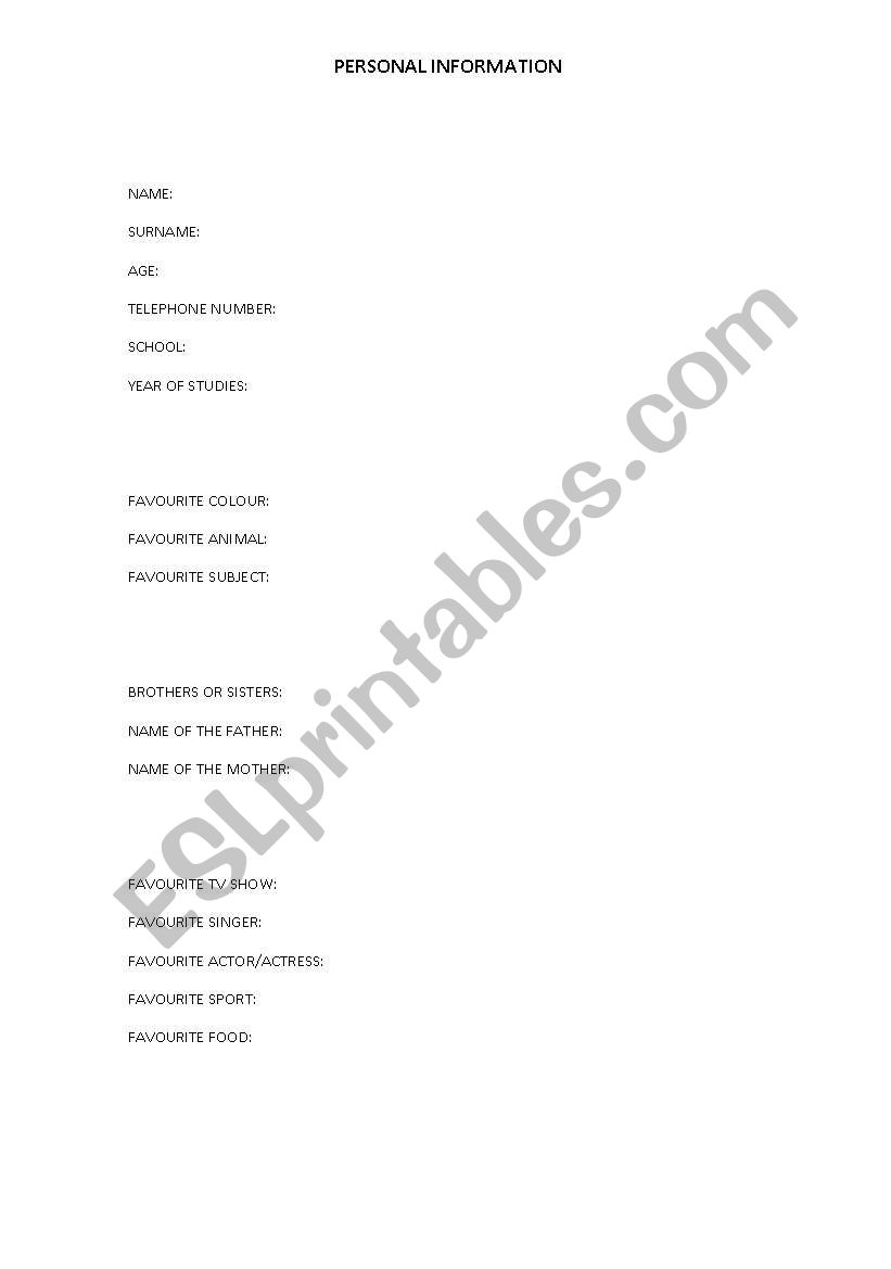 Personal Information sheet worksheet