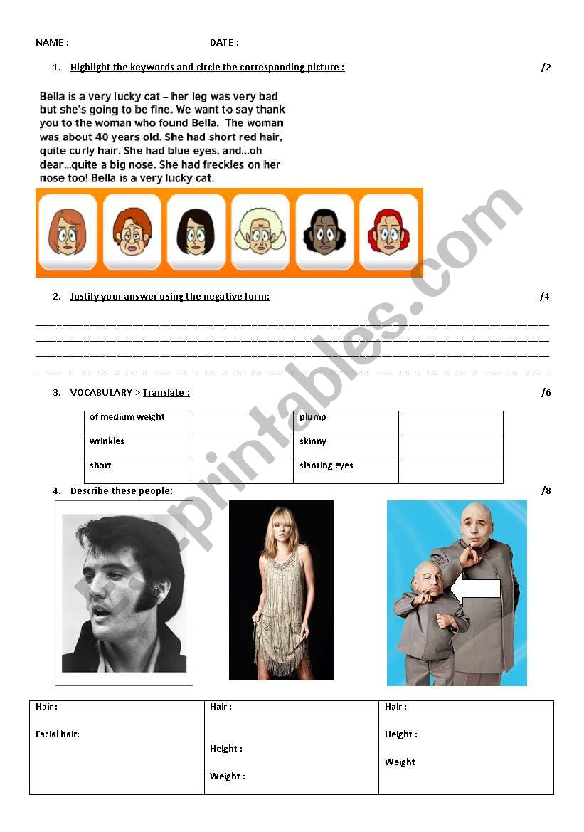 Describing people: test worksheet