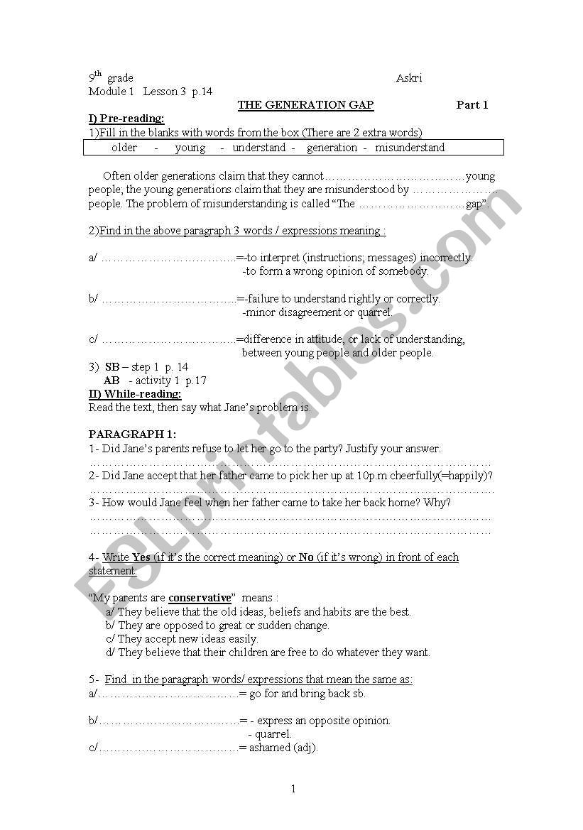 module 1, lesson1. 9th grade worksheet