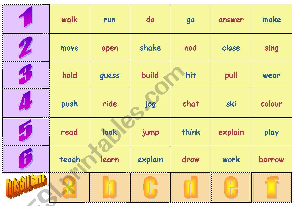 Verbs Grid Game worksheet