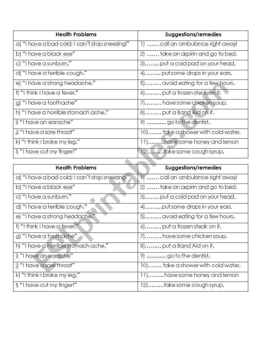 Health problems and solutions worksheet