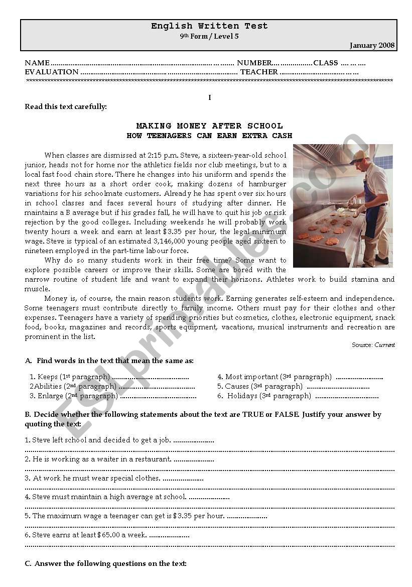 Test about working teens worksheet