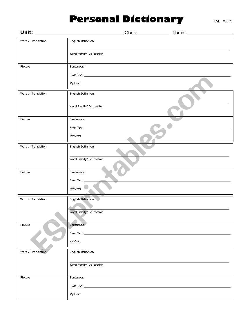 Personal Dictionary worksheet