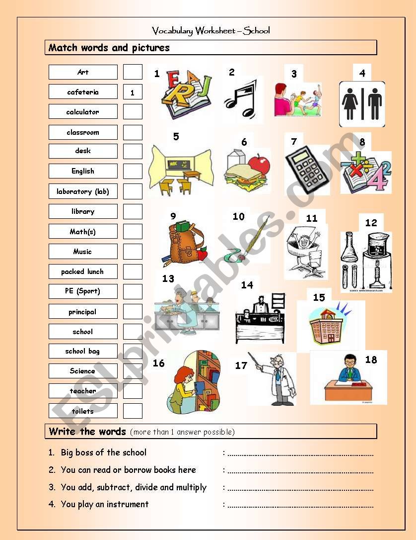 Matching Type School Supplies Vocabulary