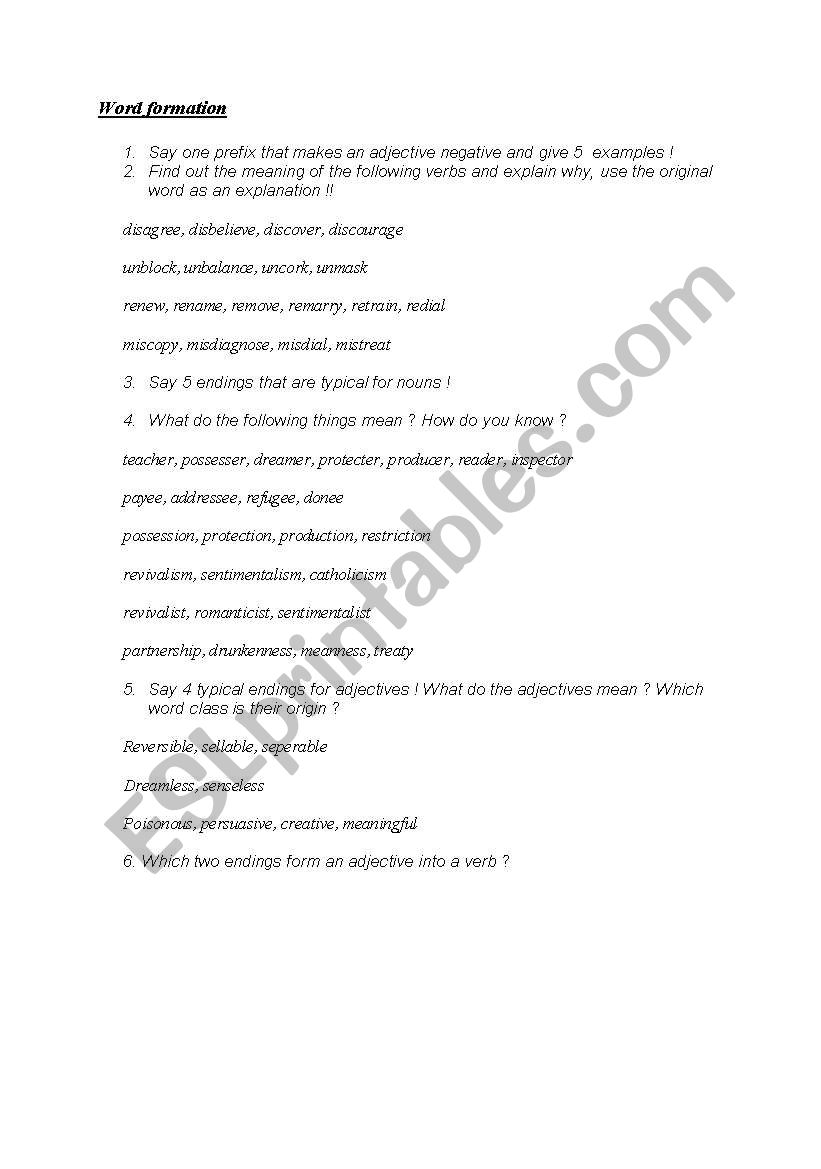 Word formation worksheet