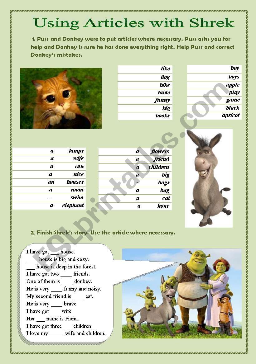 Using articles with Shrek worksheet