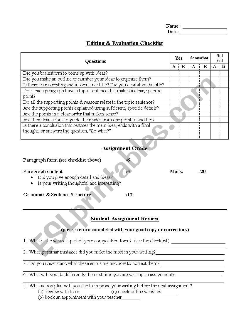 Peer evaluation and editing handout