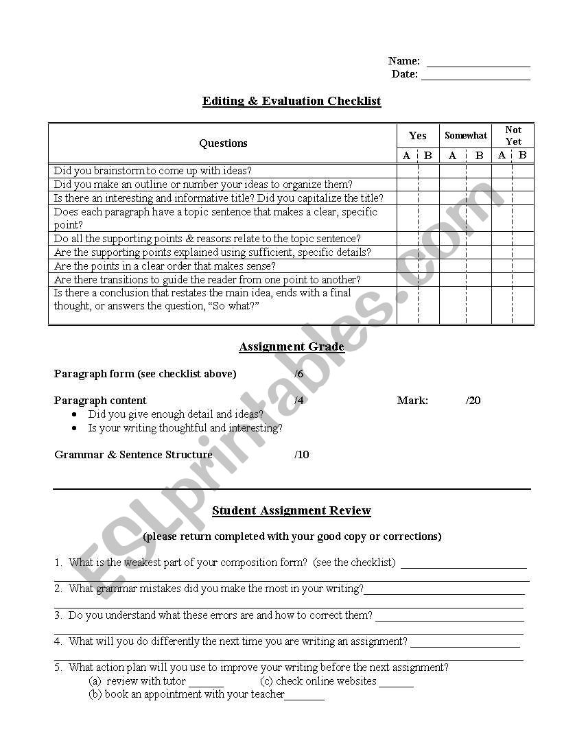 Peer evaluation and editing handout