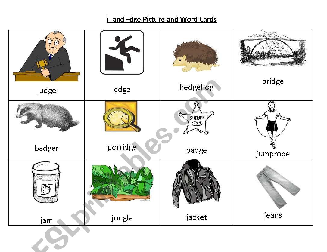 j and -dge Picture and Word Cards