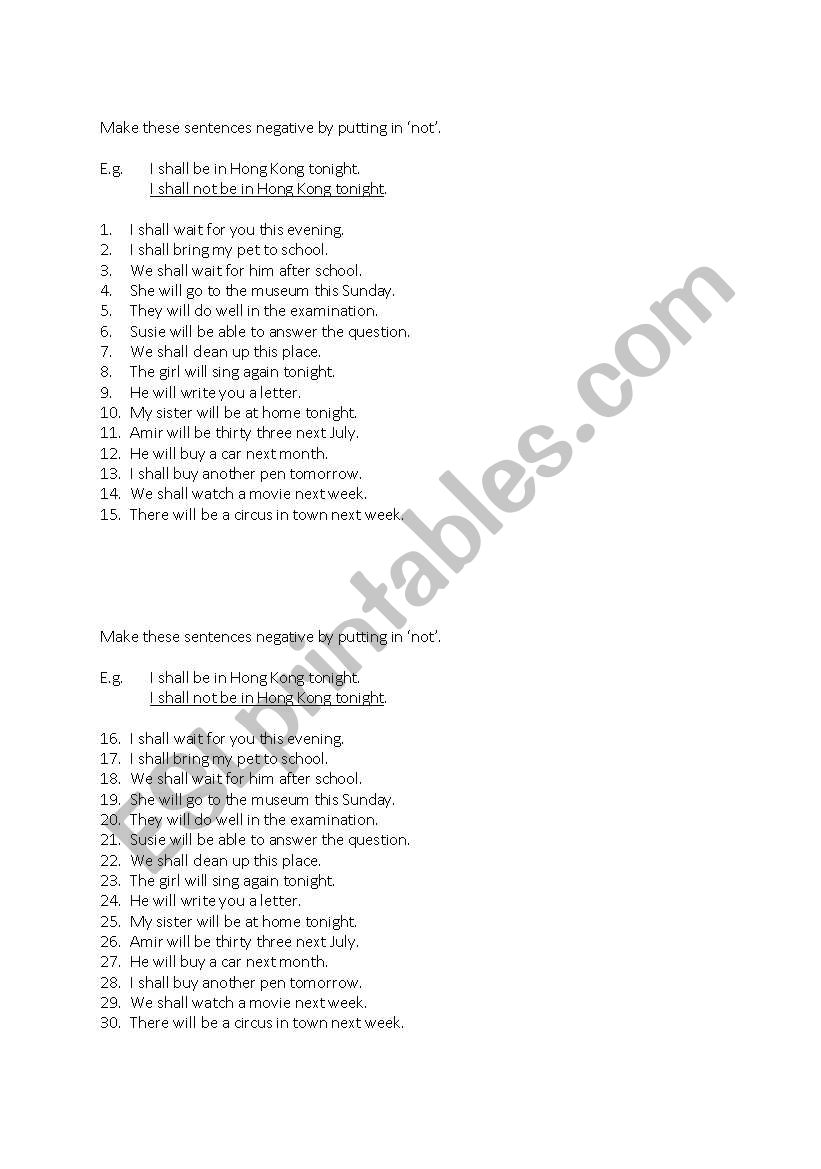 Simple future tense Exercise putting on NOT