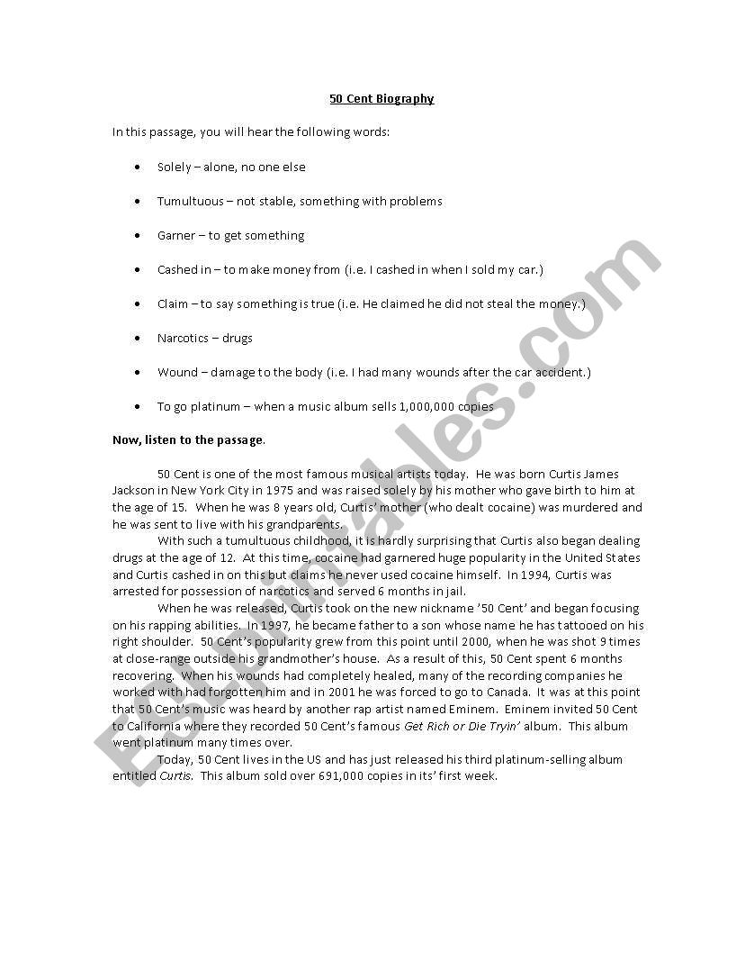 50 cents biography worksheet