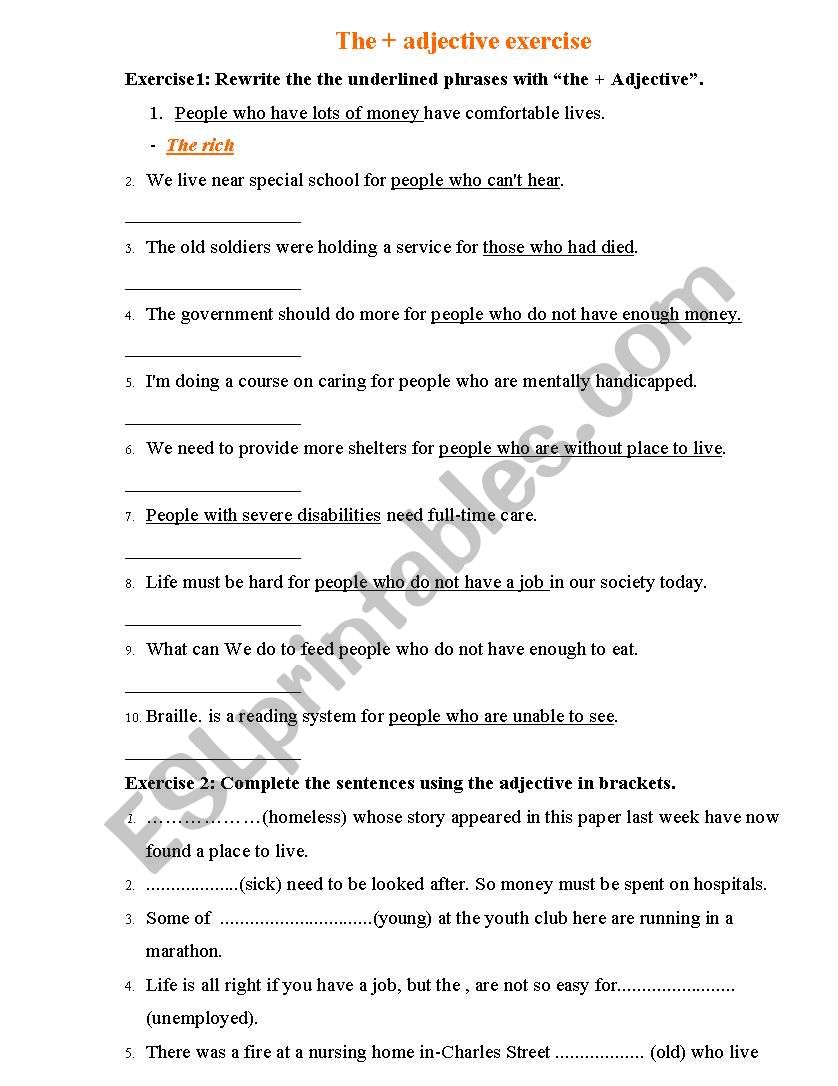 The + adjective worksheet