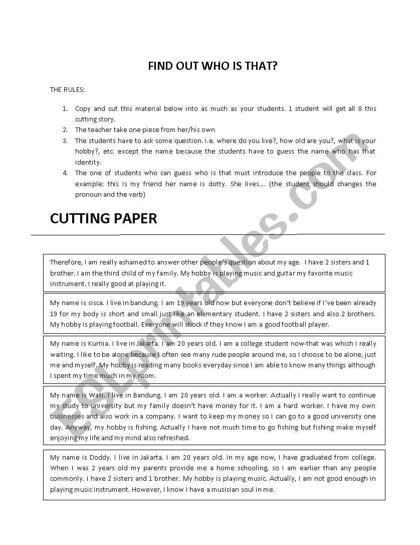 FIND OUT WHO IS THAT? worksheet