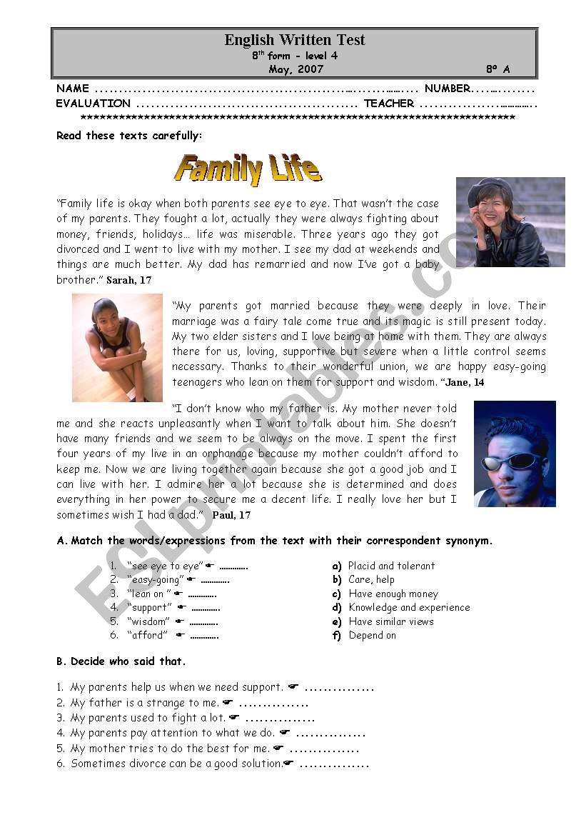Test - Family life worksheet