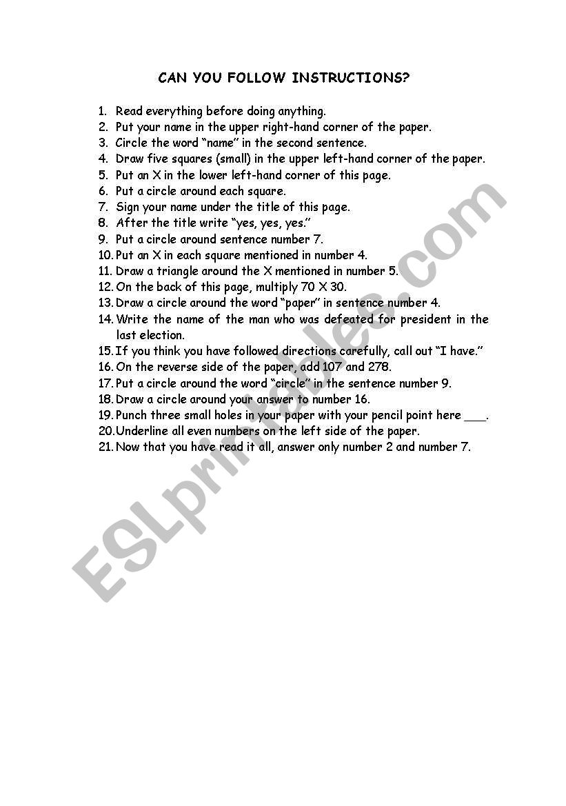 Can you follow instructions? worksheet