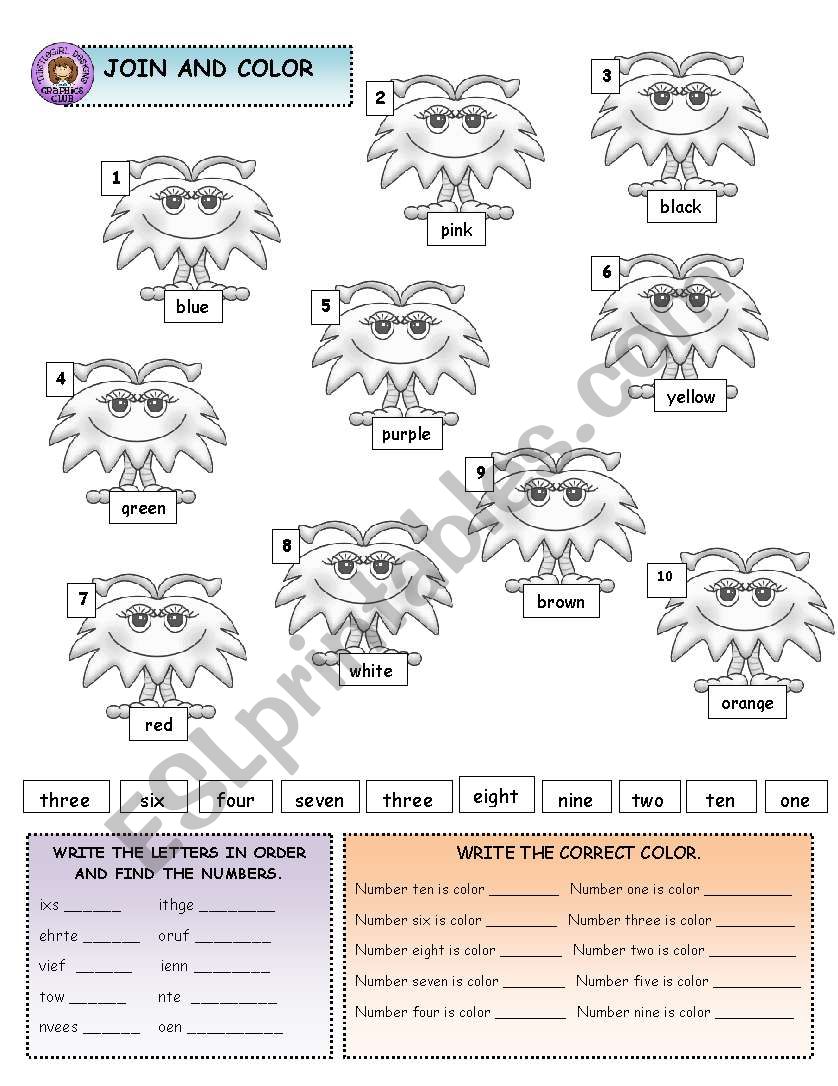 COLORS AND NUMBERS 1-10 worksheet