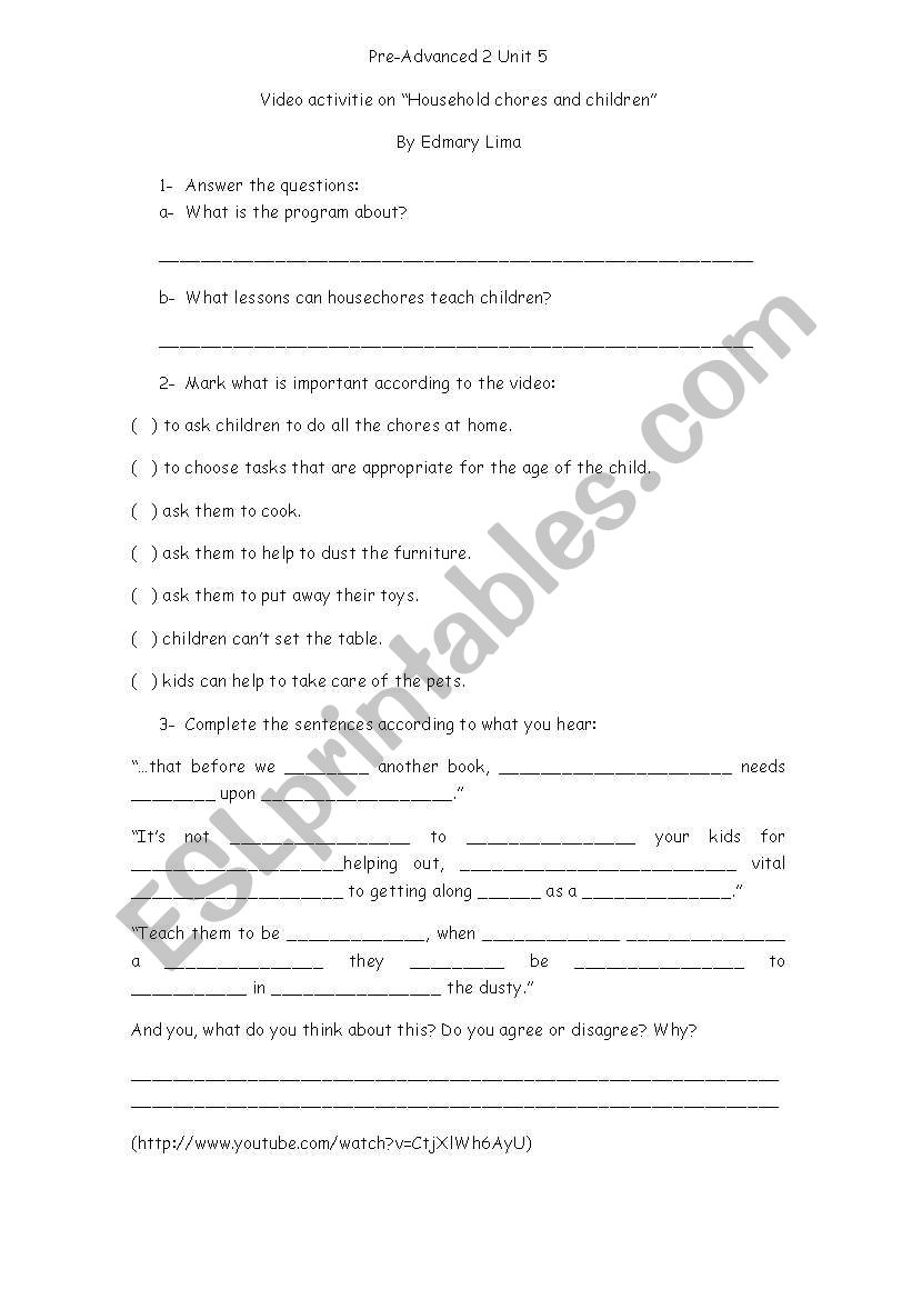 Housechores video activitie worksheet