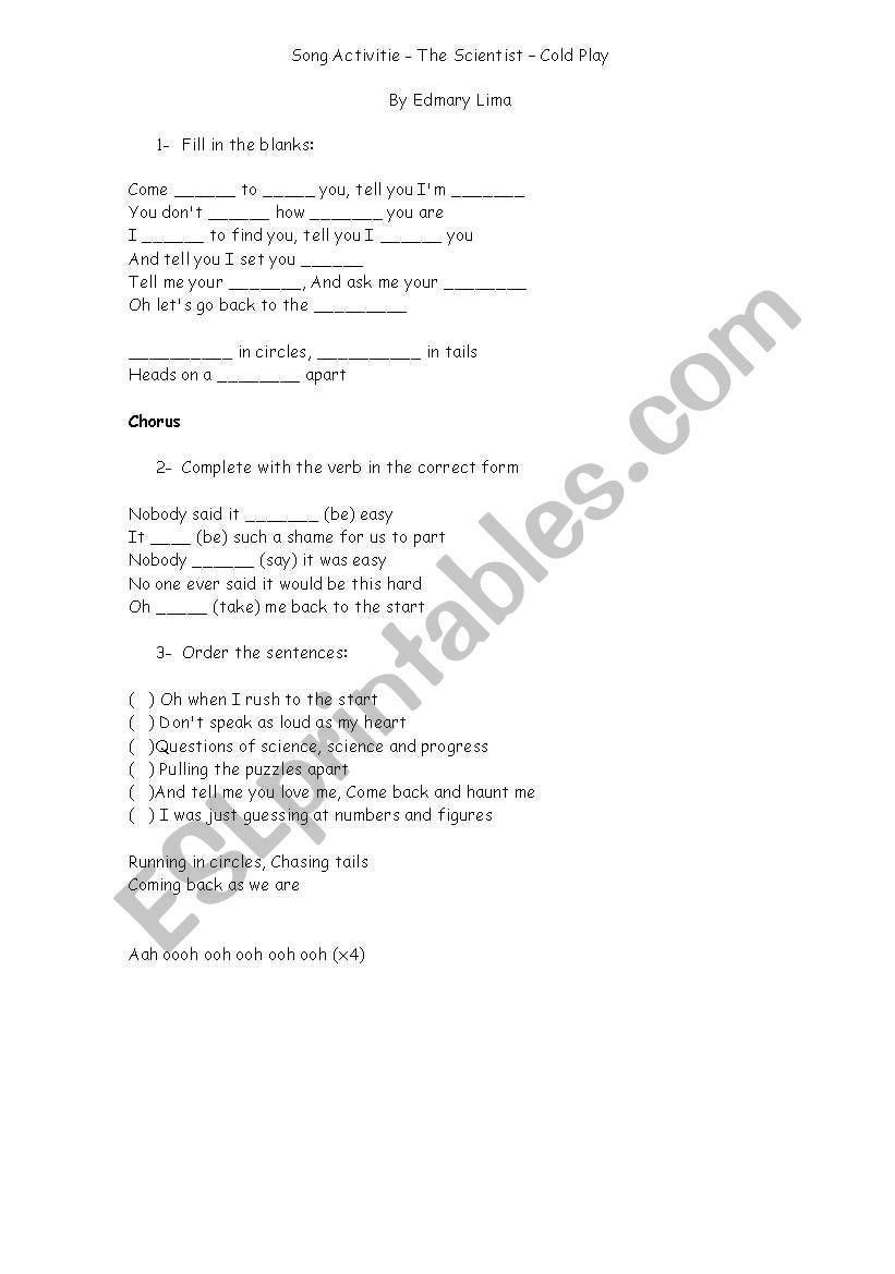Song activitie - The scients Cold Play