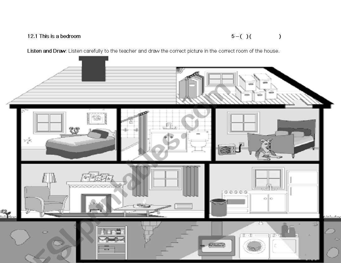 Rooms Of A House Listen And Draw Worksheet Esl Worksheet