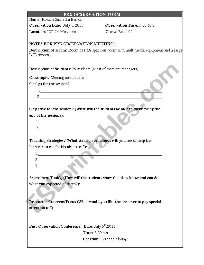 peer observation worksheet